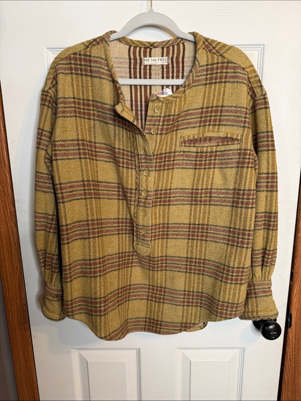We The Free Mustard Plaid Henley Top with Brown & Burgundy Stripes